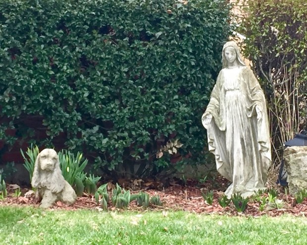 Mary statuette and dog statuette in front yard, Ambridge, PA