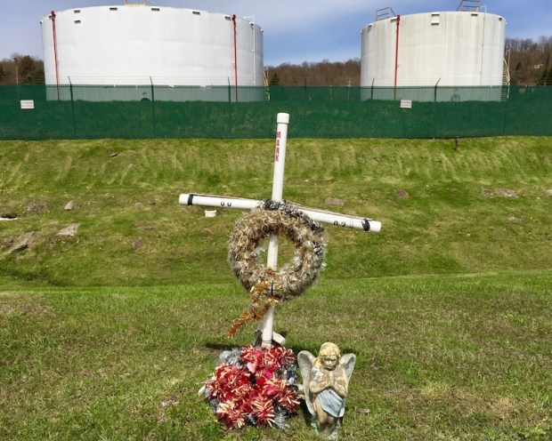 roadside memorial cross with Christmas wreathes, West Elizabeth, PA