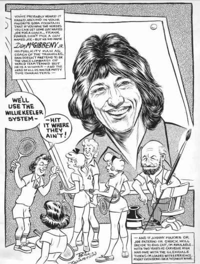 Bill Winstein comic for the Pittsburgh Post-Gazette on Danny McGibbeny taking over as coach of the Triangles, 1976