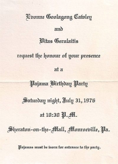 printed invitation for pajama party hosted by Evonne Goolagong Cawley and Vitas Gerulaitis, 1976