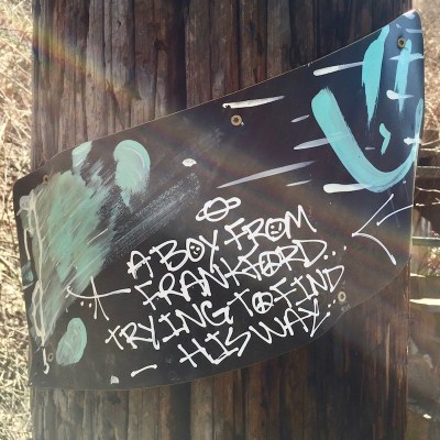 metal sheet painted, lettered, and screwed to utility pole, Pittsburgh, PA