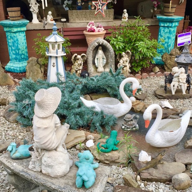 front yard decorated with many small statuettes, Pittsburgh, PA