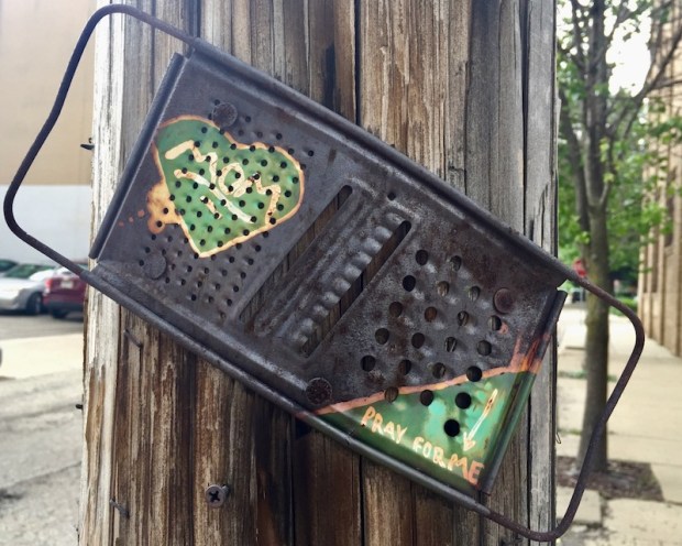painted cheese grater nailed to utility pole, Pittsburgh, PA