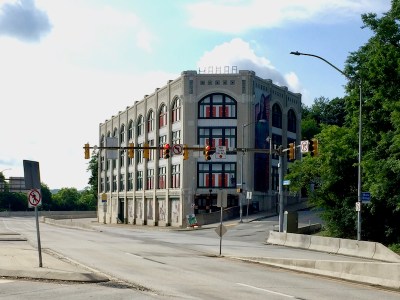 empty street intersection with large building, Pittsburgh, PA