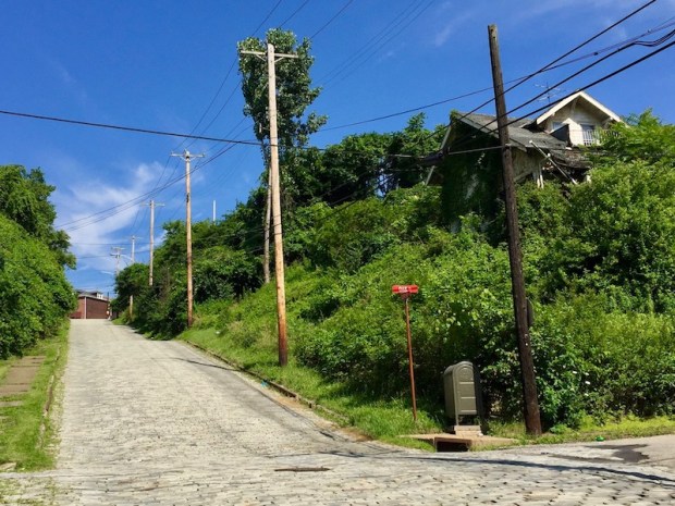 steep Belgian block residential street in Duquesne, PA