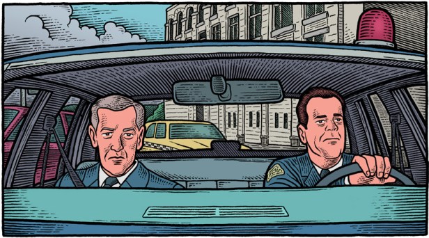 illustration of scene from 1993 film "Striking Distance" with Lt. Vince Hardy (John Mahoney) and Det. Tom Hardy (Bruce Willis) in police car