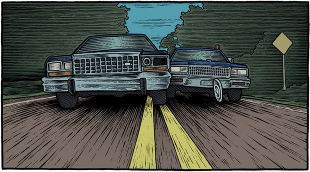 illustration based on the 1993 movie "Striking Distance" with two cars racing down a dark road