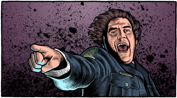 illustration of scene from "Striking Distance" with Robert Pastorelli as Det. Jimmy Detillo pointing and laughing