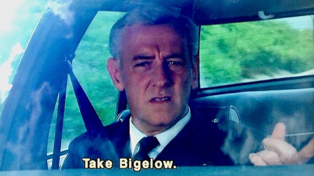 screen capture from the film "Striking Distance" of actor John Mahoney as police officer riding in passenger seat of car
