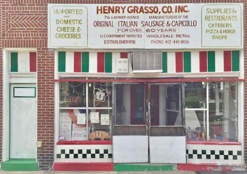 red, white, and green painted storefront for Henry Grasso, Co. Inc. Pittsburgh, PA