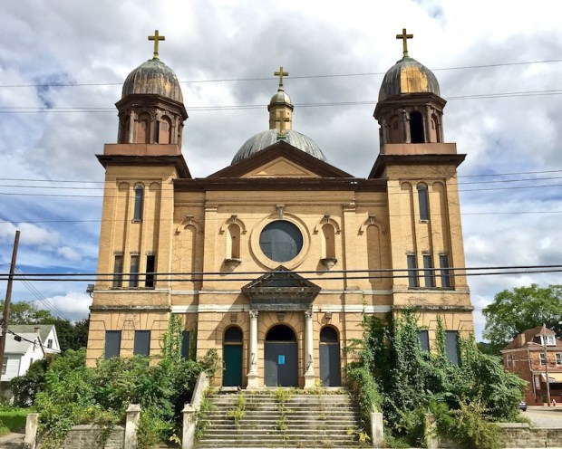 view of 1905 Our Lady Help of Christians Roman-Catholic church, now abandoned and condemned, Pittsburgh, PA
