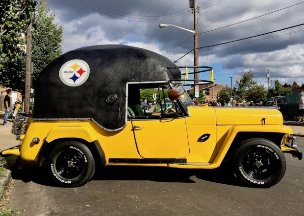 1950 Willys Jeepster decorated in tribute to the Pittsburgh Steelers