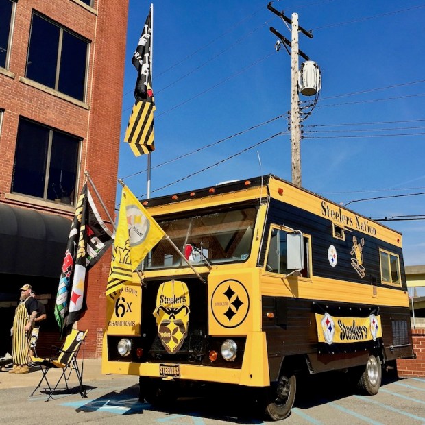 old RV painted in Steelers black and gold, Pittsburgh, PA