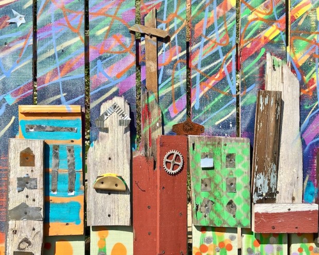 colorful public art piece of town made with scrap wood, Bellevue, PA
