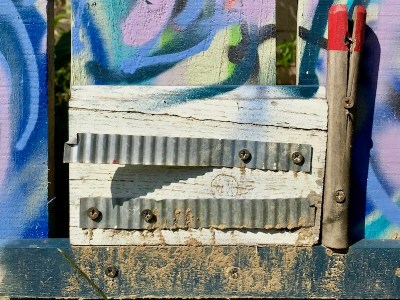 colorful public art piece of town made with scrap wood, Bellevue, PA