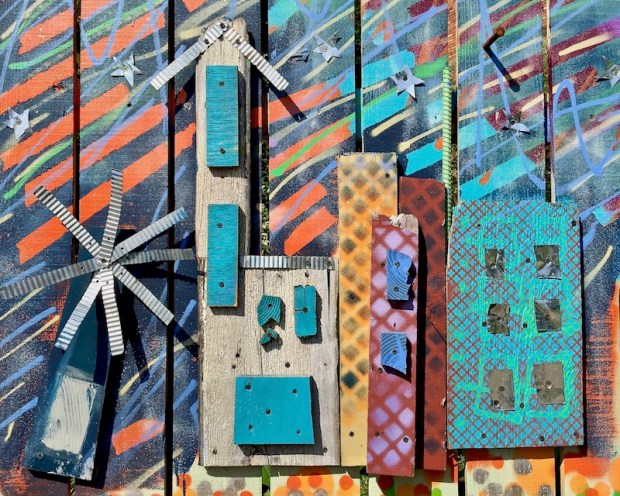 colorful public art piece of town made with scrap wood, Bellevue, PA