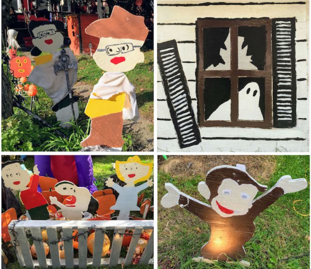 collage of homemade wooden lawn art for Halloween