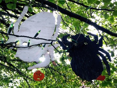 two wooden spider ornaments hanging in a tree