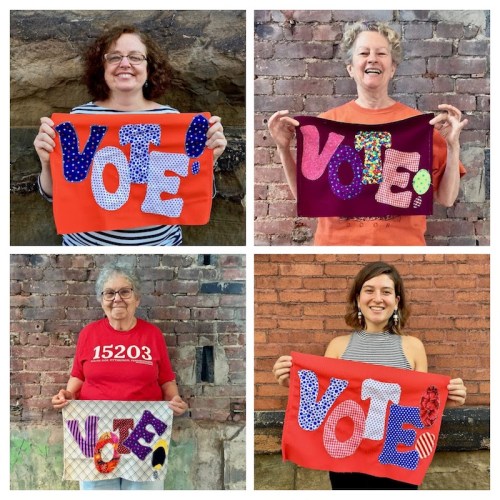 collage of Pole-2-Polls volunteers holding handmade "Vote!" yard signs