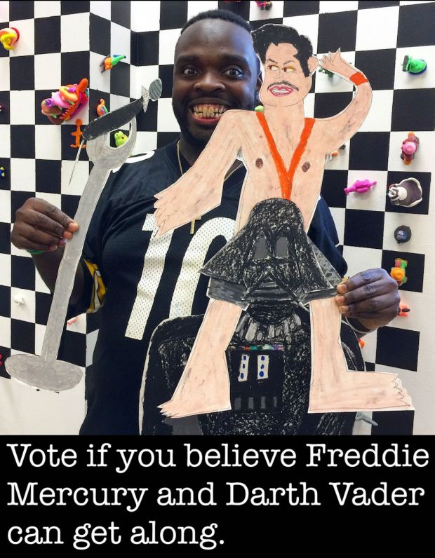 Artist Charlie Wallace and his piece "Freddie Mercury and Darth Vader," Pittsburgh, PA