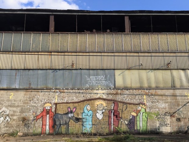 graffiti manger scene painted on former steel mill, Pittsburgh, PA