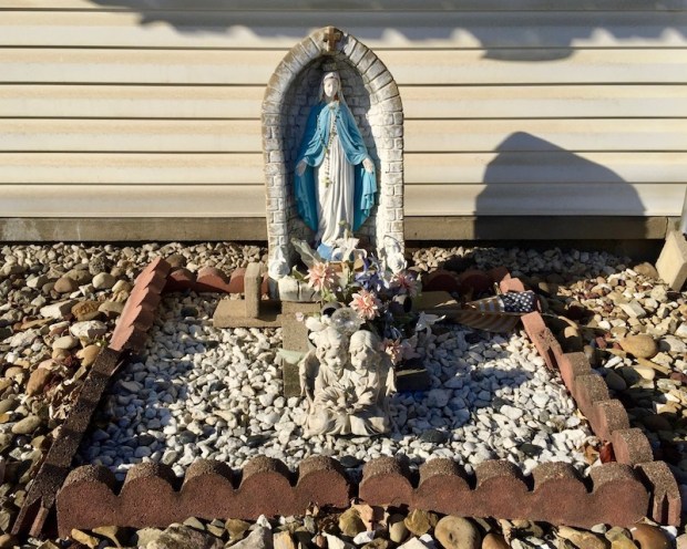 statuette of Mary in front yard of row house, McKees Rocks, PA