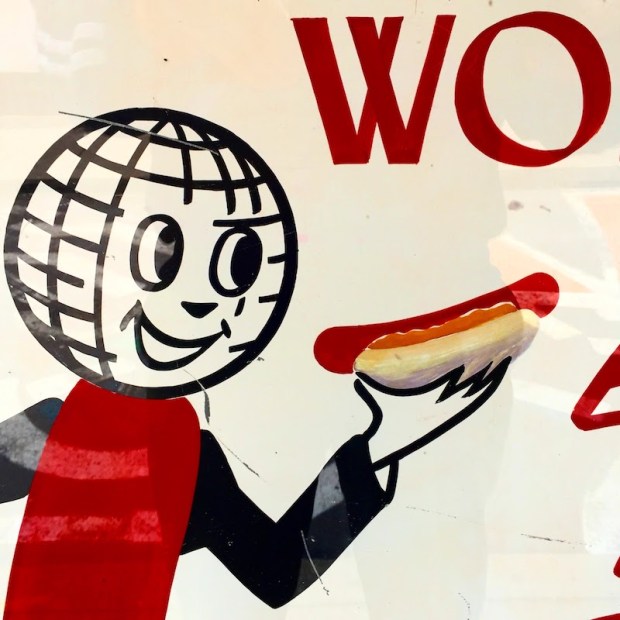 detail from sign for Weiner World hot dog shop, downtown Pittsburgh, PA