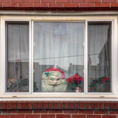 rowhouse window decorated for Christmas, Pittsburgh, PA