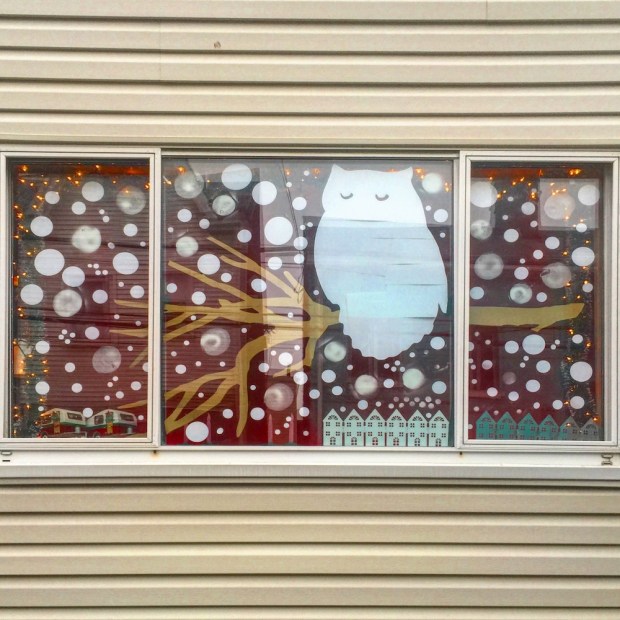 rowhouse window decorated for Christmas, Pittsburgh, PA