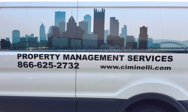 Ciminelli Property Management Services van with image of Pittsburgh skyline