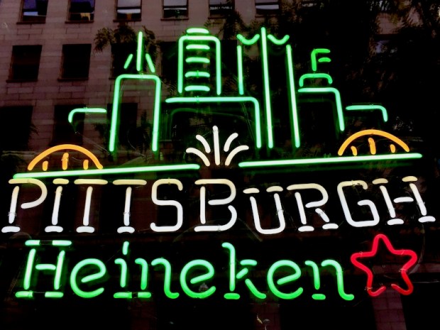 neon sign for Heineken Beer including Pittsburgh skyline