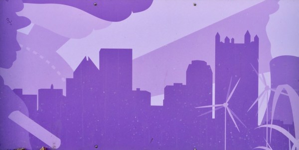 painting on wood of Pittsburgh skyline