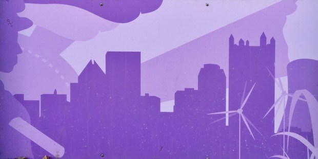 painting on wood of Pittsburgh skyline