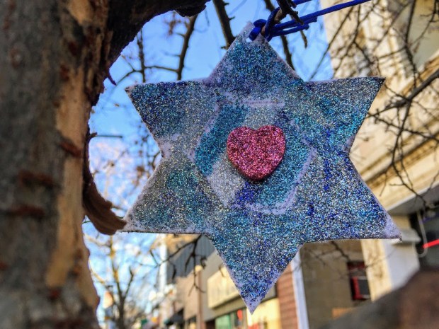 sparkle Star of David with heart hanging from tree limb, Pittsburgh, PA