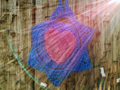 crochet Star of David with heart on utility pole, Pittsburgh, PA