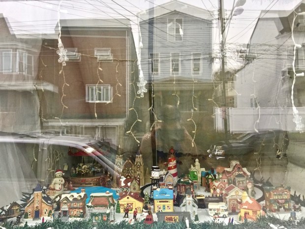 window decorated with many winter scene buildings, Pittsburgh, PA