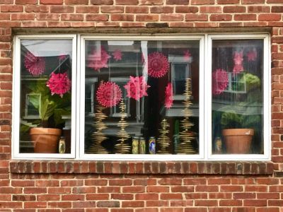 row house window decorated for Christmas, Pittsburgh, PA