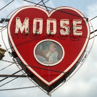 neon sign for Moose lodge in shape of heart, Irwin, PA