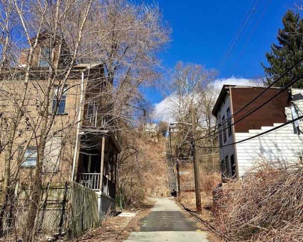 street with old houses and city steps climbing hillside, Pittsburgh, PA