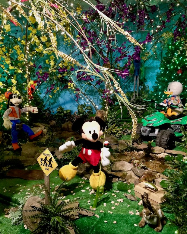 elaborate diorama of cartoon characters in camping scene at Kraynak's Easter Bunny Lane, Hermitage, PA