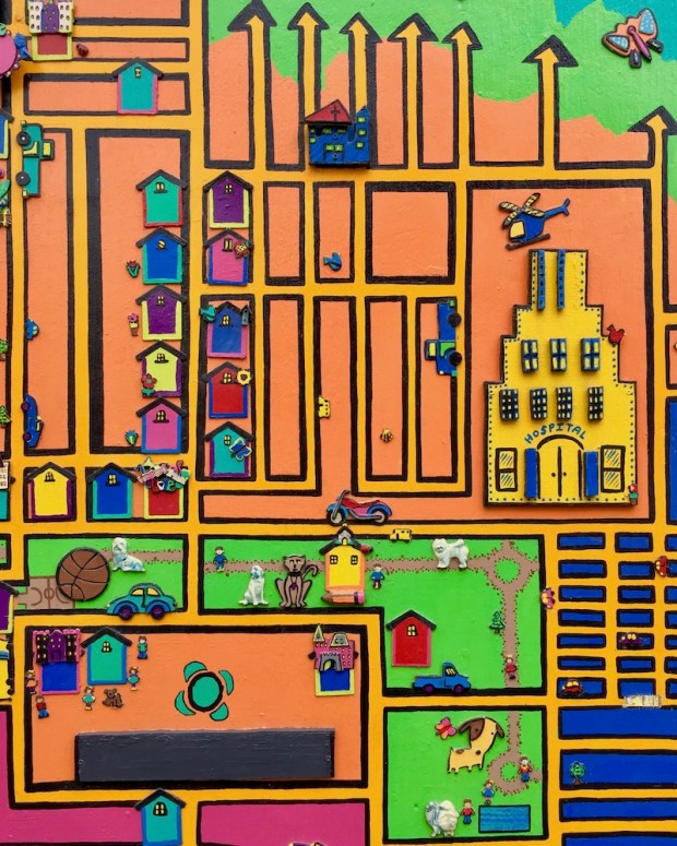 map of the North Side of Pittsburgh rendered as 3-D mural at Randyland