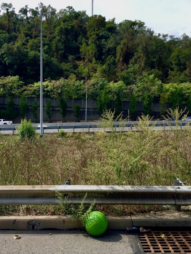 green play ball on the curb of highway