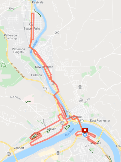 map with bicycling route between six different towns in Beaver County, PA