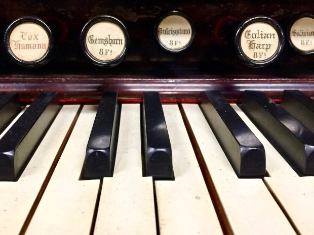 close-up of pump organ keyboard and stops