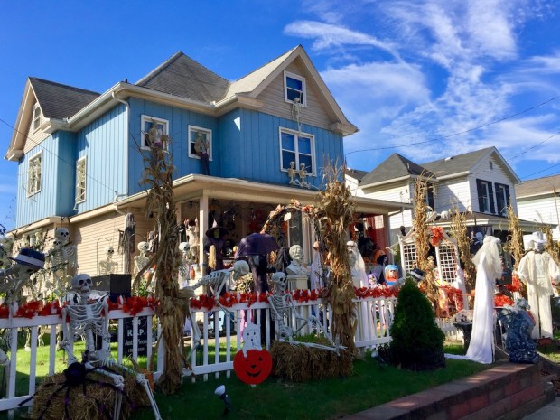 elaborate Halloween decorations on house and yard in Monaca, PA