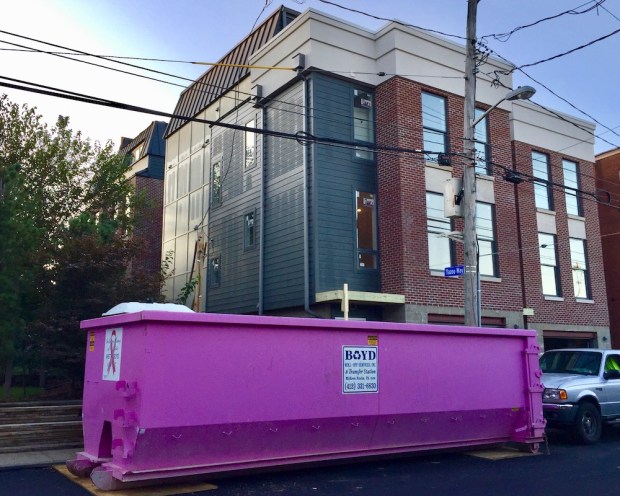 large dumpster painted bright pink in front of apartment building