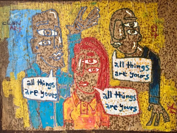 street art painting of figures with distorted faces and captions saying "All things are yours"