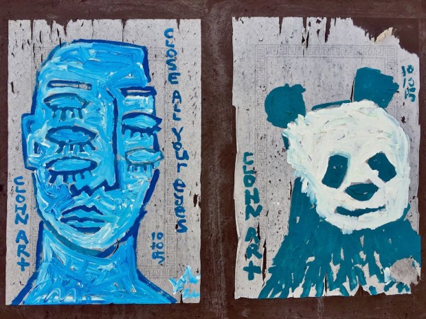 street art paintings of man with five eyes and panda bear