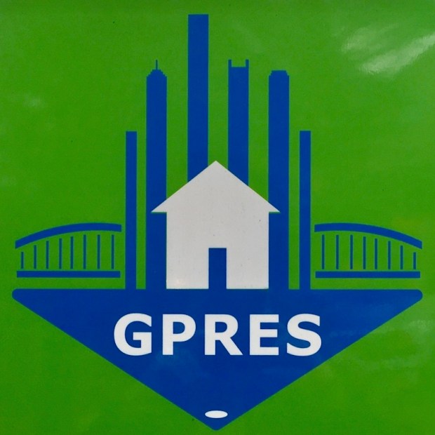 blue and green logo for Greater Pittsburgh Real Estate Services featuring stylized version of downtown Pittsburgh skyline
