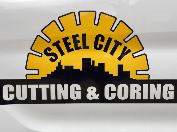 black and gold logo for Steel City Cutting & Coring including city skyline